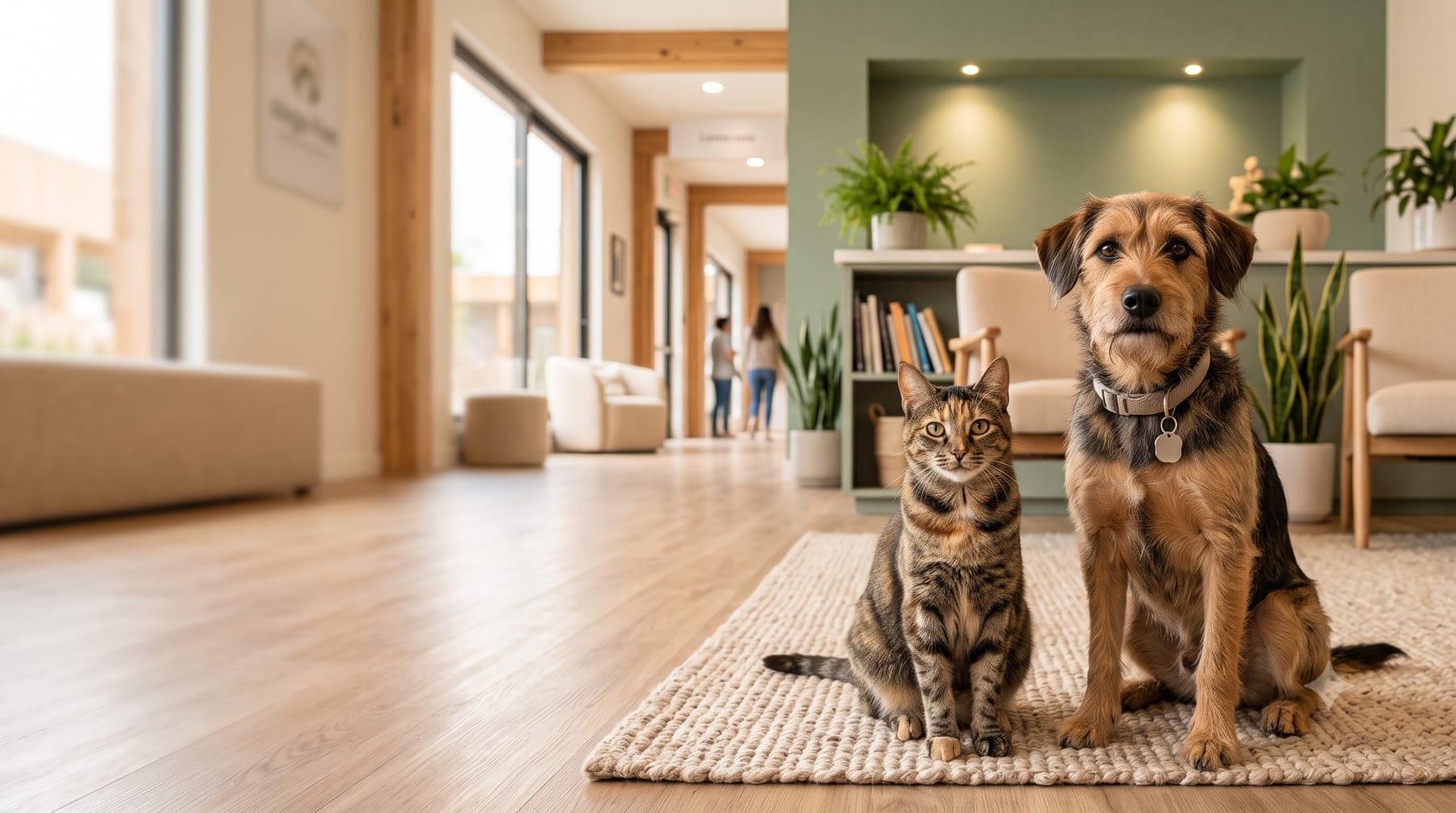 Un perro mediano de pelo marrón y un gato atigrado sentados juntos sobre una alfombra en la recepción luminosa del centro de adopción