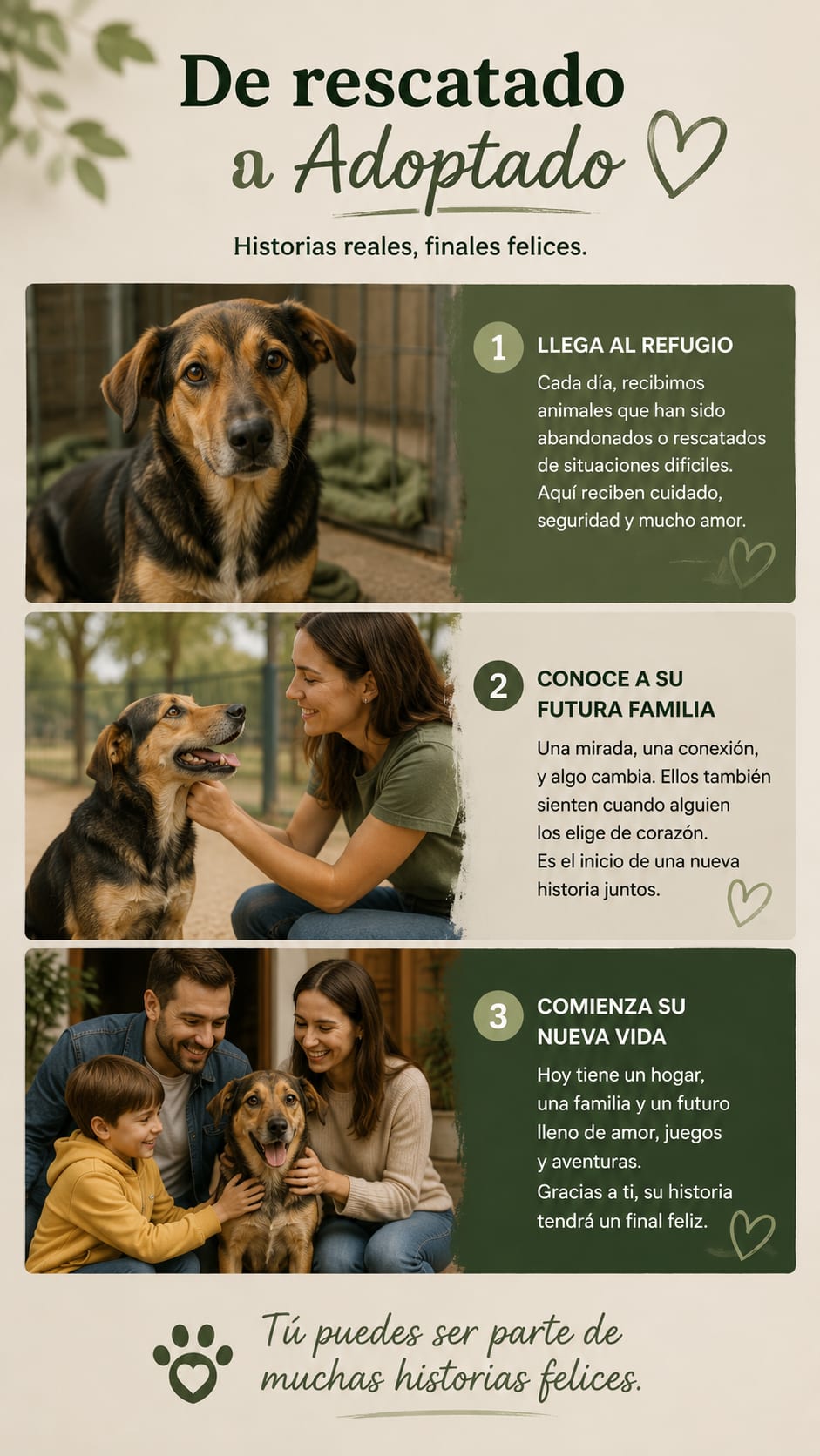 Pieza gráfica con las tres etapas del proceso: el perro cuando llega al refugio, el encuentro con una voluntaria, y ya adoptado junto a su nueva familia
