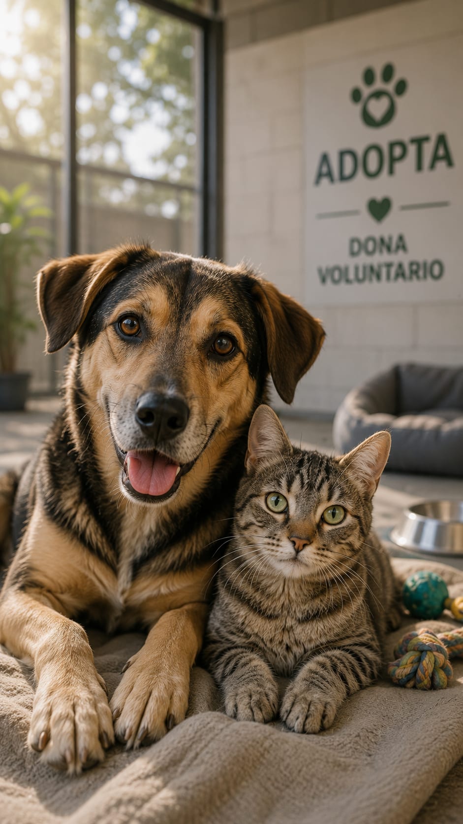 Un perro y un gato recostados juntos sobre una manta, mirando a cámara, en una sala del centro de adopción