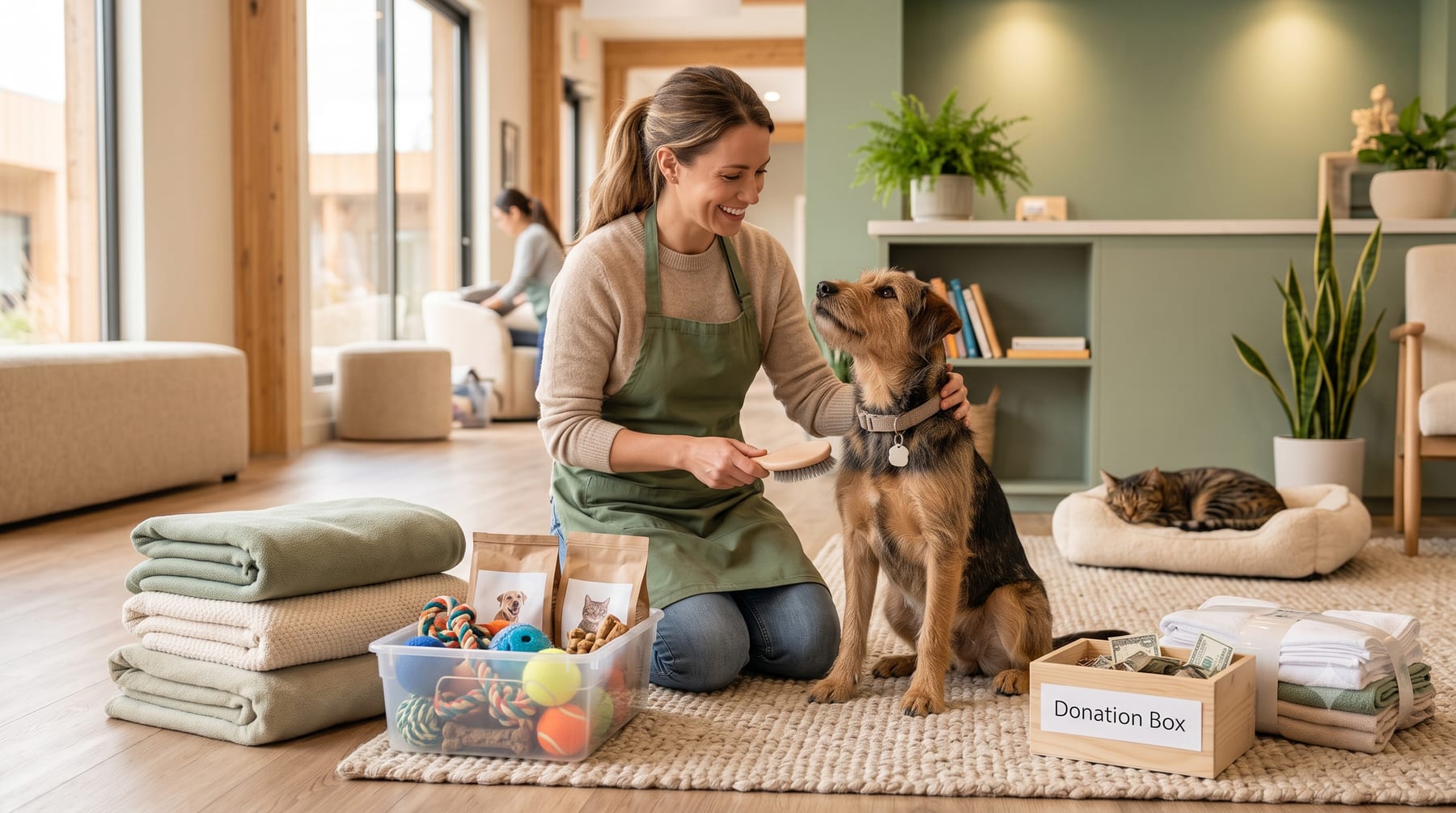 Una voluntaria con delantal verde cepilla a un perro sentado sobre una alfombra, junto a mantas dobladas, una caja de juguetes y una caja de donaciones